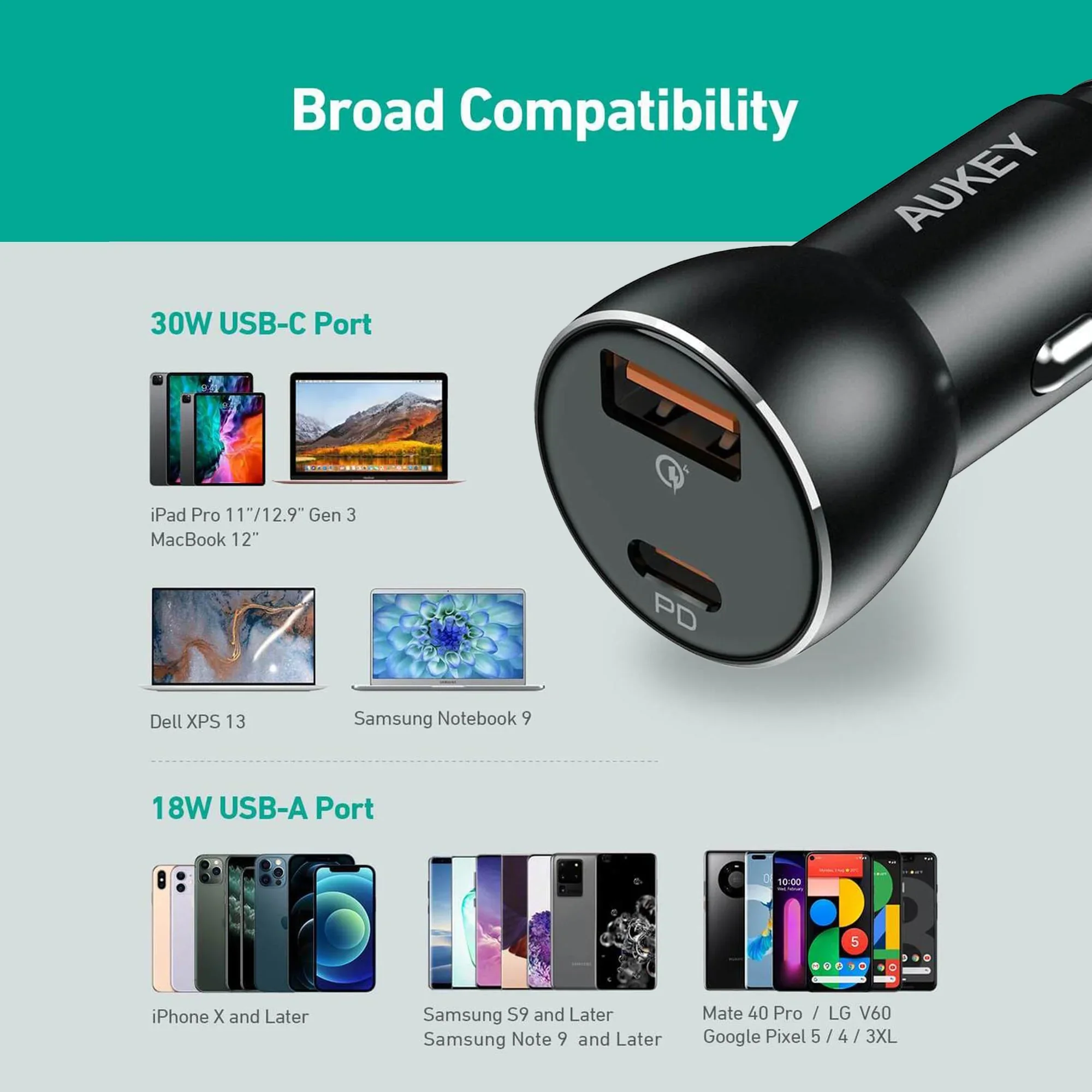 AUKEY Enduro Series 48W Car Charger - USB-C PD 30W Fast Charging